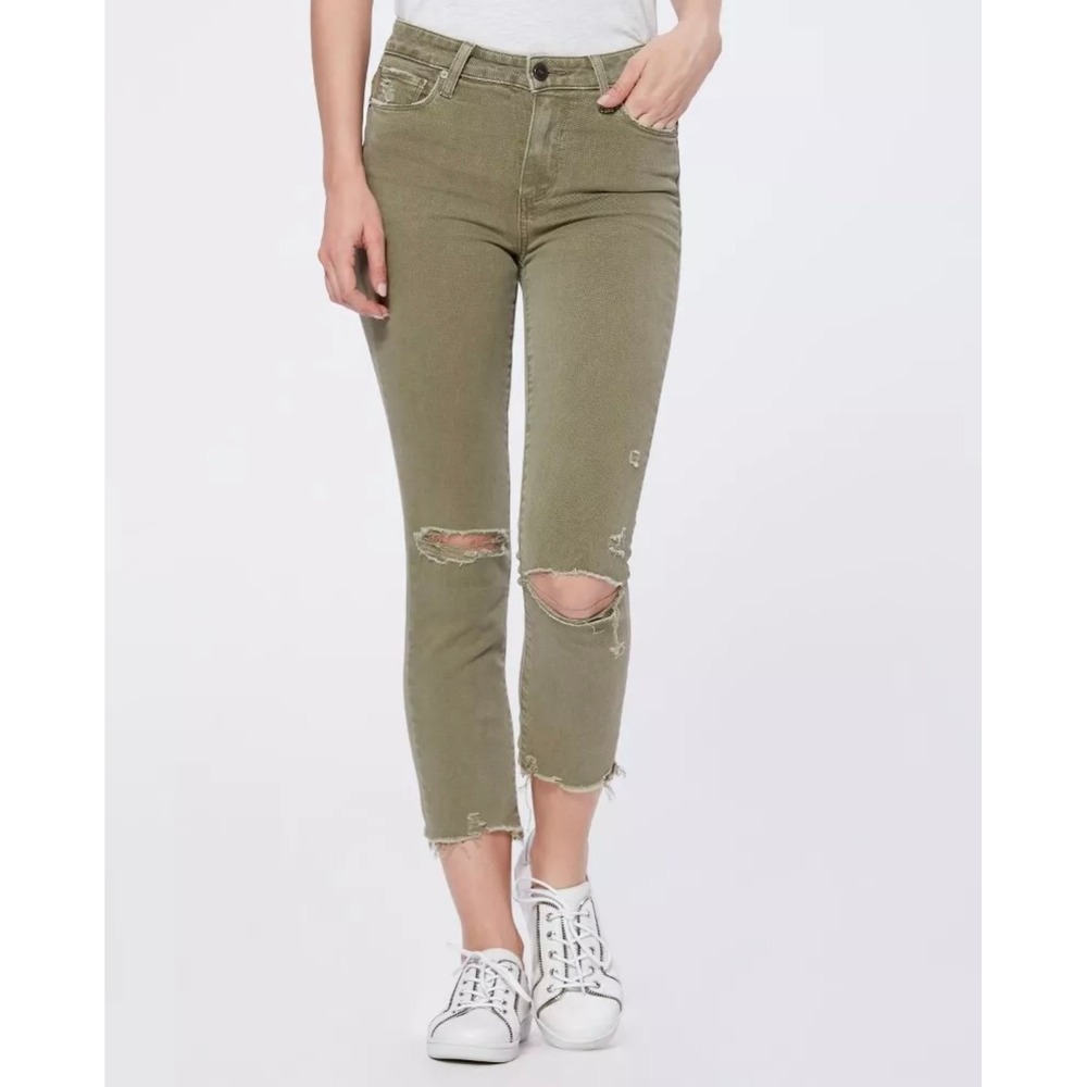 Paige Horton Slim Crop Olive Green Distressed Hem Ankle Jeans Ripped Knee Sz‎ 30